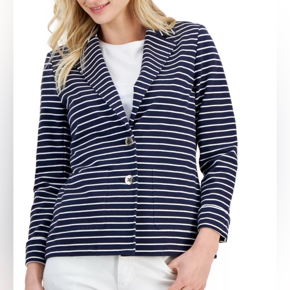 NAUTICA Women's Sail Striped Double-Button Knit Blazer